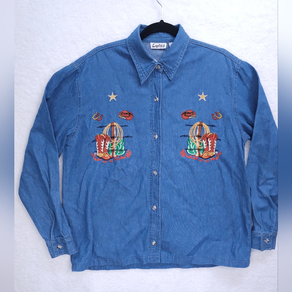 Vintage Lotus Denim Shirt Button Up Western Embroidered Womens Size Medium Blue